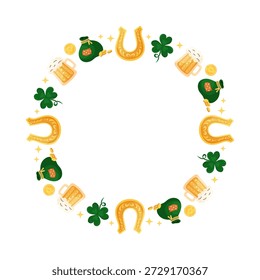 Redondo Saint Patricks Dia quadro. Elementos ferradura, moeda de ouro, trevo, e caneca de cerveja. Copiar espaço para inscrição no centro. Ilustração de vetor desenhada à mão.