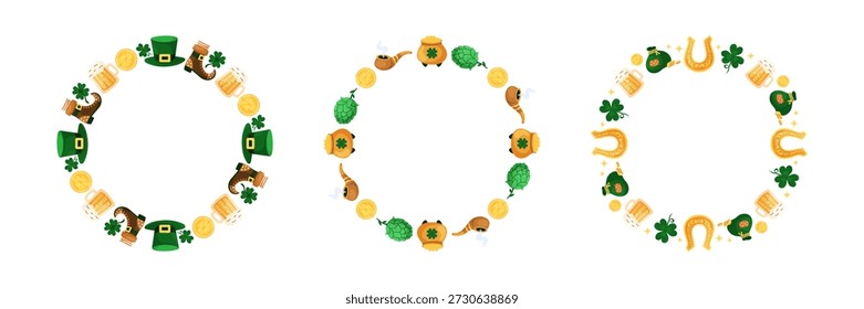 Round Saint Patricks Day frames collection. Elements top hat, coin, boot, and beer mug. Copy space for inscription in center. Hand drawn vector illustration.