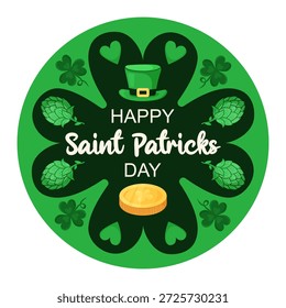 Banner da web Round Saint Patricks Day. Chapéu, trevos, lúpulo e moeda de ouro no fundo verde. Cartão comemorativo de feriado. Ilustração de vetor desenhada à mão.