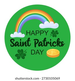 Round Saint Patricks Day web banner. Rainbow, clover leaf and gold coins on green background. Holiday greeting card. Hand drawn vector illustration.