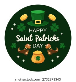 Round Saint Patricks Day web banner. Hat, clover leaf and gold coins on dark green background. Holiday greeting card. Hand drawn vector illustration.