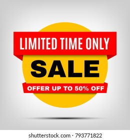 Round Sale banner, special offer red yellow tag. Limited time only discount badge with shadow, up to 50% off vector element, eps10.