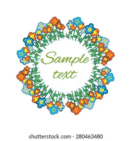 Round sample card with place for text and frame made of hand drawn flowers. Vector illustration