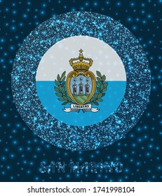 Round San Marino badge. Flag of San Marino in glowing network mesh style. Country network logo. Stylish vector illustration.