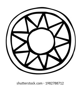 Round saucer with ethnic geometric pattern top view. Hand drawn black doodle sketch table setting item. Morning tea breakfast. Sun flower in a circle. Stock vector illustration isolated on white.