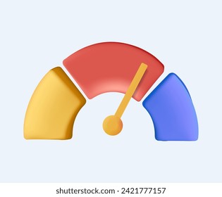 Runde Skalierung mit Zeigerpfeil. Dashboard des Konzepts der Risiko-, Geschwindigkeits- und Ratingstufen. Dial Indicator 3d Vektorsymbol Illustration. Infografik-Bewertung. UI UX moderne Symbol.