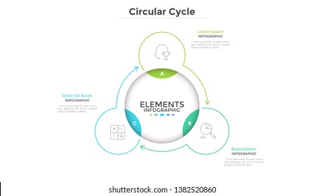 Round scheme with 3 circular elements connected by arrows. Concept of three stages of closed production cycle. Simple infographic design template. Modern vector illustration for business presentation.