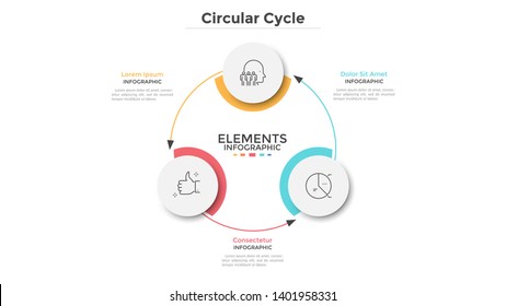 Round Scheme With 3 Circular Paper White Elements Connected By Arrows. Concept Of Three Steps Of Business Cycle Or Cyclic Process. Minimal Infographic Design Template. Modern Vector Illustration.