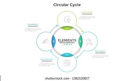 Round scheme with 4 circular elements connected by arrows. Concept of four stages of closed production cycle. Simple infographic design template. Modern vector illustration for business presentation.