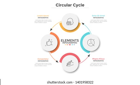 Round Scheme With 4 Circular Paper White Elements Connected By Arrows. Concept Of Four Steps Of Business Cycle Or Cyclic Process. Minimal Infographic Design Template. Modern Vector Illustration.