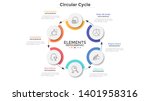 Round scheme with 6 circular paper white elements connected by arrows. Concept of six steps of business cycle or cyclic process. Minimal infographic design template. Modern vector illustration.