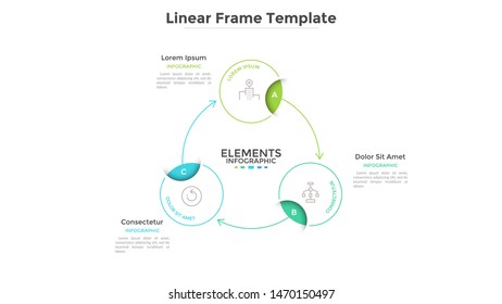 Round scheme or cyclic chart with 3 circular frames connected by arrows. Concept of three steps or stages of business process. Linear infographic design template. Vector illustration for banner.