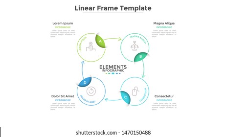 Round scheme or cyclic chart with 4 circular frames connected by arrows. Concept of foure steps or stages of business process. Linear infographic design template. Vector illustration for banner.