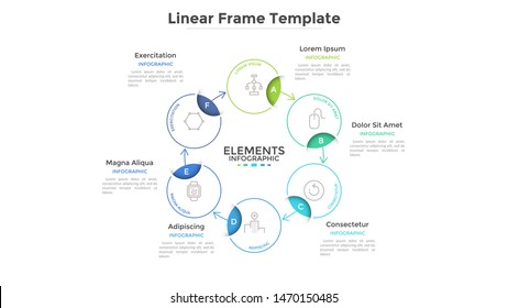 Round scheme or cyclic chart with 6 circular frames connected by arrows. Concept of six steps or stages of business process. Linear infographic design template. Vector illustration for banner.