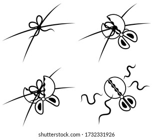 Round scissors cutting knot steps stencil black, vector illustration, horizontal, isolated

