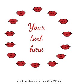 Round scope from red lips with a place for inscription.  Design element for party, holidays, icon, logo, border, book or page design, child magazine, banner, template.