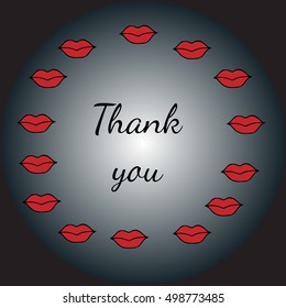 Round scope from red lips with a Thank you inscription.  Design element for greeting card, party, holidays, icon, logo, border, book or page design, child magazine, banner, template.