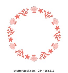 Round sea frame with shells and corals. Red corals and white background. For postcards and posters. Vector illustration.