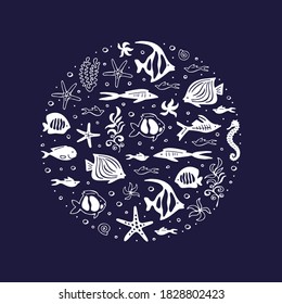 Patrón marino redondo con peces blancos estilizados sobre un fondo azul.  Ilustración vectorial.