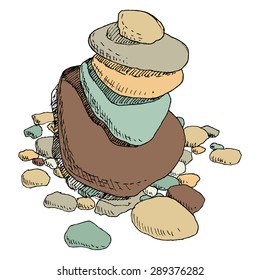 round sea stones  lying on one another, cairn, hand drawn vector illustration