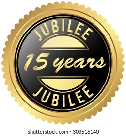 round seal colored black and gold for fifteen years jubilee
