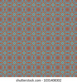 Round seamless pattern with many details. Arabic, indian, oriental motif. Mandala art, boho chic. Ethnic design in blue, orange and brown tones. Vector mandala with flowers and geometric elements.
