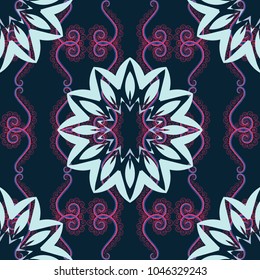 Round seamless pattern with many details. Vector mandala with flowers and geometric elements. Arabic, indian, oriental motif. Ethnic design in pink, black and blue tones. Mandala art, boho chic.