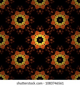 Round seamless pattern with many details. Vector mandala with flowers and geometric elements. Mandala art, boho chic. Arabic, indian, oriental motif. Ethnic design in black, orange and brown tones.
