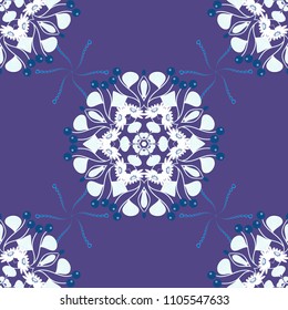 Round seamless pattern with many details. Mandala art, boho chic. Arabic, indian, asian, oriental motif. Raster mandala with flowers and geometric elements. Ethnic design in blue, purple, black tones.