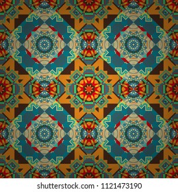 Round seamless pattern with many details. Raster mandala with flowers and geometric elements. Mandala art, boho chic. Indian, asian, oriental motif. Ethnic design in red, purple and orange tones.