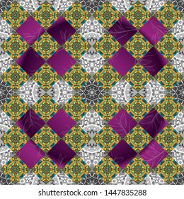 Round seamless pattern with many details. Mandala art, boho chic. Arabic, indian, oriental motif. Ethnic design in gray, blue and purple tones. Vector mandala with flowers and geometric elements.