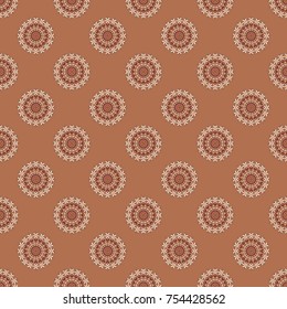 Round seamless pattern with many details. Mandala art, boho chic. Arabic, indian, asian, oriental motif. Ethnic design in orange, brown, white tones. Vector mandala with flowers and geometric elements