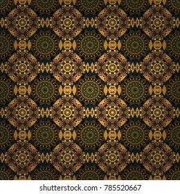 Round seamless pattern with many details. Arabic, indian, asian, oriental motif. Mandala art, boho chic. Ethnic design in green, gray, brown tones. Vector mandala with flowers and geometric elements.