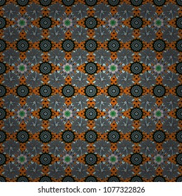 Round seamless pattern ornament with intertwined branches, flowers and curls. Arabesque. Vector circular abstract floral mandalas in black, orange and gray colors.