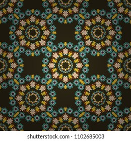 Round seamless pattern ornament with intertwined branches, flowers and curls. Arabesque. Vector circular abstract floral mandalas in blue, yellow and gray colors.