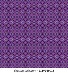Round seamless pattern ornament with intertwined branches, flowers and curls. Arabesque. Vector circular abstract floral mandalas in purple, blue and brown colors.
