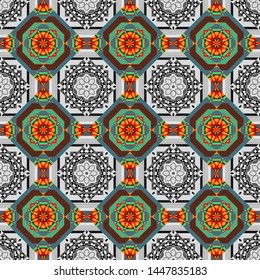 Round seamless pattern ornament with intertwined branches, flowers and curls. Arabesque. Vector circular abstract floral mandalas in gray, brown and blue colors.