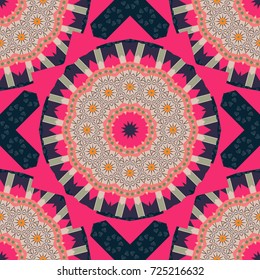 Round seamless pattern ornament with intertwined branches, flowers and curls. Arabesque. Vector circular abstract floral mandalas in beige, blue and pink colors.