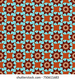 Round seamless pattern ornament with intertwined branches, flowers and curls. Arabesque. Vector circular abstract floral mandalas in blue, red and orange colors.