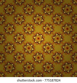 Round seamless pattern ornament with intertwined branches, flowers and curls. Arabesque. Vector circular abstract floral mandalas in orange, brown and yellow colors.