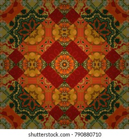 Round seamless pattern ornament with intertwined branches, flowers and curls. Arabesque. Vector circular abstract floral mandalas in yellow, orange and green colors.