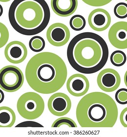 Round seamless pattern of random circles and rings. Dotted round seamless background, pattern, ornament. Vector illustration.