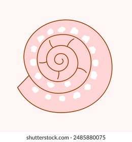 Concha marina redonda torcida en espiral. Vector simple ilustración monocromática con contorno en fondo aislado. Vista desde arriba.