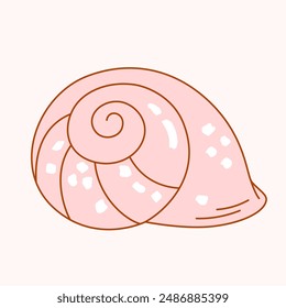 Round seashell twisted into spiral. Simple vector illustration with outline in solid pink color in flat style. Side view.