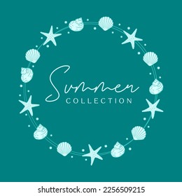 Round seashells frame. Sea and ocean design vertical template. Vector illustration summer or beach party, advertising design