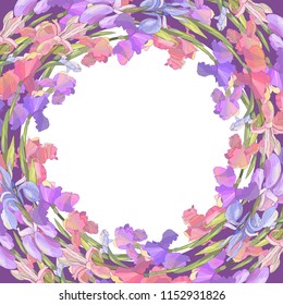 Round season wreath with irises isolated on violet. For design gift boxes, announcements, postcards, posters, invitations