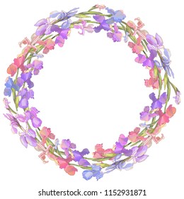 Round season wreath with irises isolated on white. For design gift boxes, announcements, postcards, posters, invitations