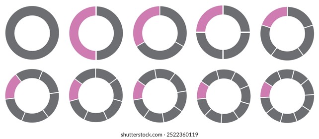 Um gráfico redondo segmentado. Dividido em 1-10 partes. Ícones de círculo segmentado para infográfico, análise de dados, web design, ui ou apresentação. Rosa e cinza.