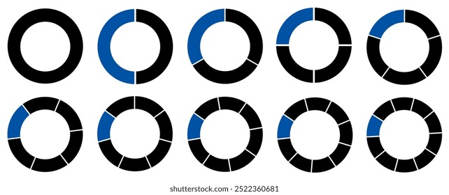 Um gráfico redondo segmentado. Dividido em 1-10 partes. Ícones de círculo segmentado para infográfico, análise de dados, web design, ui ou apresentação. Azul e preto.