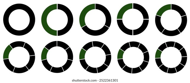 A round segmented chart. Divided into 1-10 parts. A diagram with a hole in the middle. Segmented circle icons for infographic, data analysis, web design, ui or presentation. Green and black.